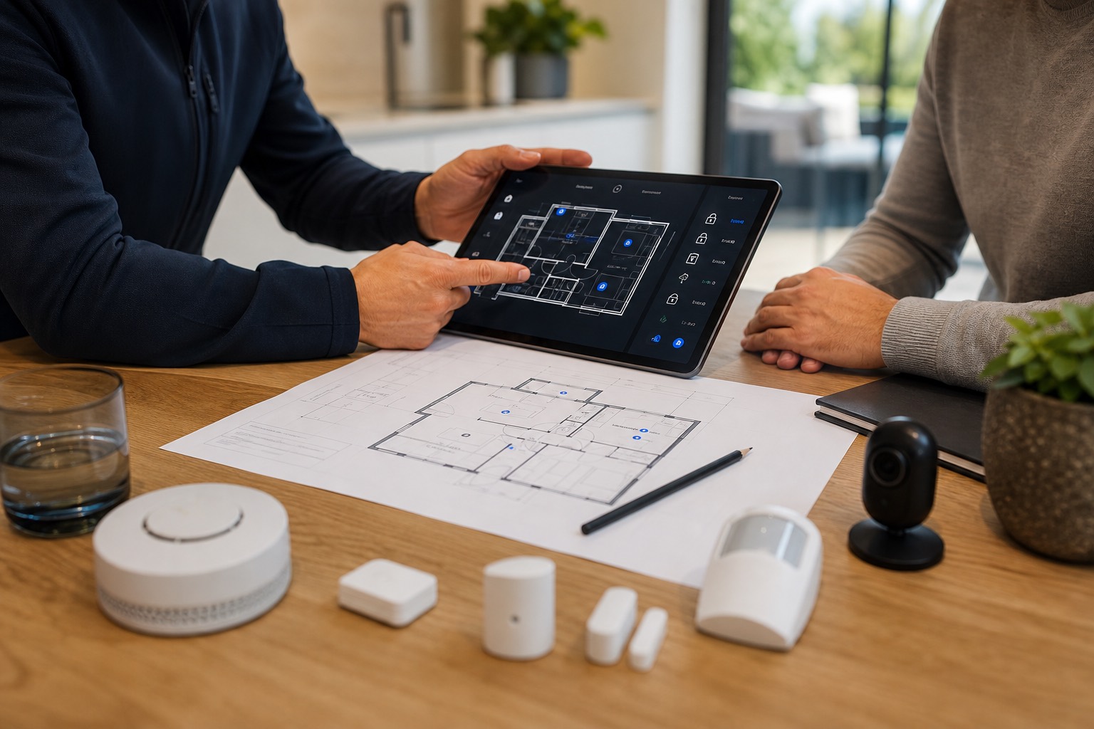 Fachberatung mit Grundriss, Tablet und Sicherheitskomponenten auf einem Tisch