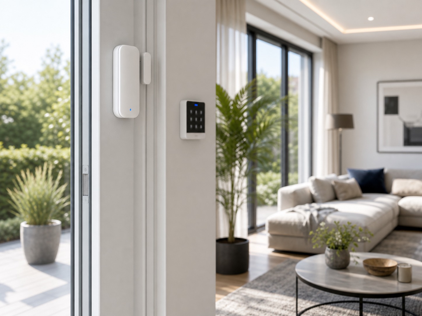 Heller Wohnraum mit unauffälligem Fenster- und Türsensor